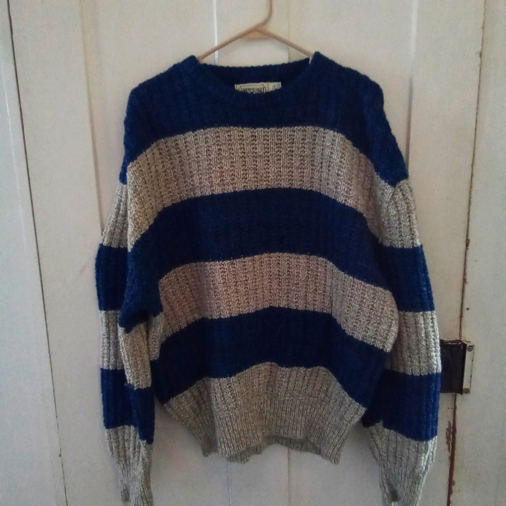 Vintage American Eagle Mens Blue Gray Striped Wool Blend Sweater Size Large (E)